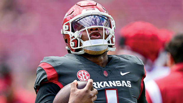 Razorbacks quarterback KJ Jefferson during last spring practice Saturday inside Razorback Stadium.